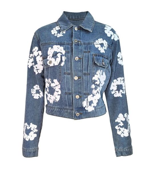 Denim Women Jacket Streetwear Fashion Flower Printed Jcoat Long Sleeve Turn-down Collar Single Breasted Jackets