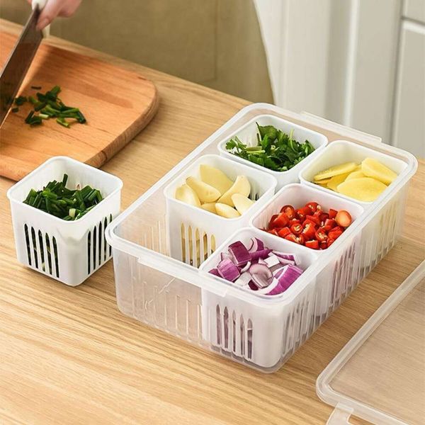 Upgrade Refrigerator Storage Box 4-6 Grid Food Vegetable Fruit Storage Box Fridge Organizer Drain Basket Meat Onion Ginger Clear Crisper
