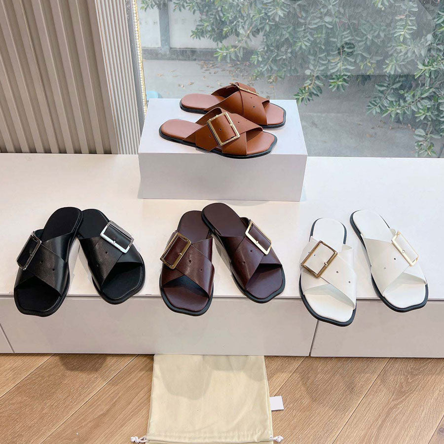 Top quality Real leather Flat Slides slippers sandals mules shoes Flat heel Beach shoes open toes slip on Luxury designer slippers for womens Vacati