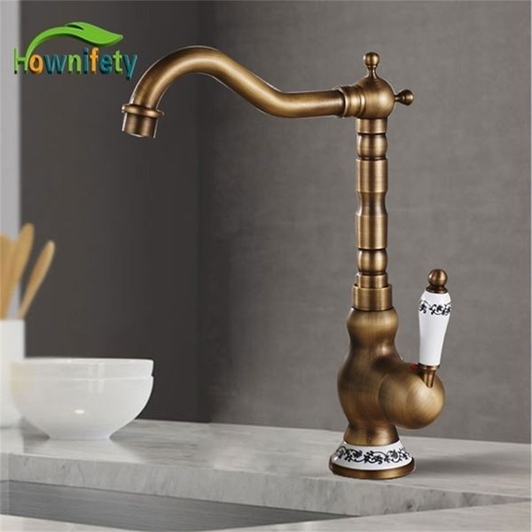 Kitchen Faucets Antique Brass Cold Mixer Tap Single Hole Bathroom Rotatable crane Blue and white porcelain handle 221109