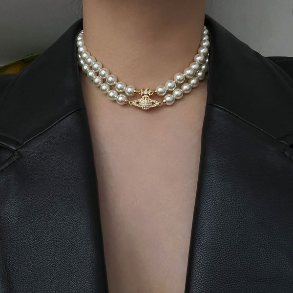 Designer Jewelry Braceletmagnet Clasp Saturn Pearl Necklace Double Layer Choker High Version Collarbone Chain High-end Accessory 2024