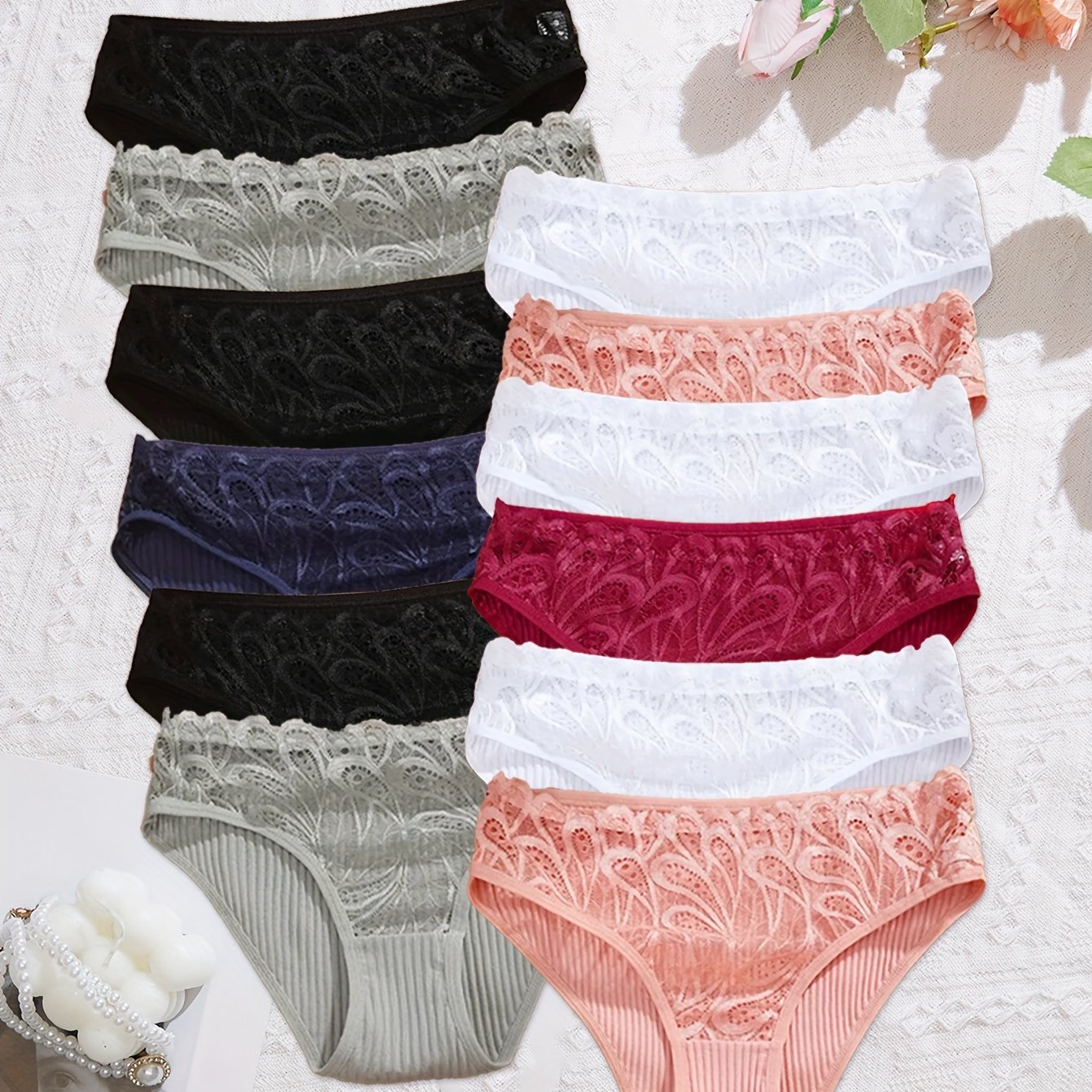 TEMU 12pcs Solid Lace Briefs, Comfortable And Breathable Stretch Briefs For Autumn And Winter, Lingerie And Lingerie For Women