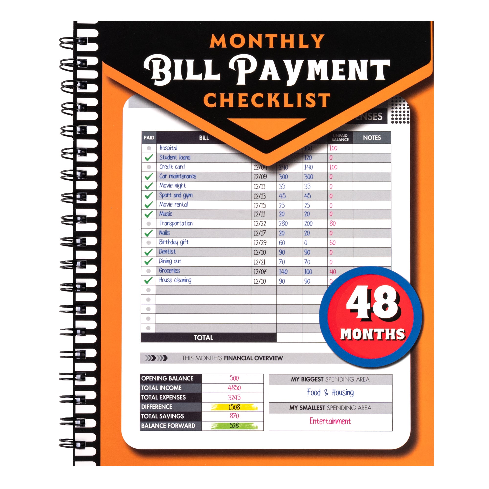 TEMU Monthly Bill Payment Checklist (spiral Bound): Bill Notebook With Spiral Binding 8"x10" Black & Gold Color The 4-year Guide For Families & , 960