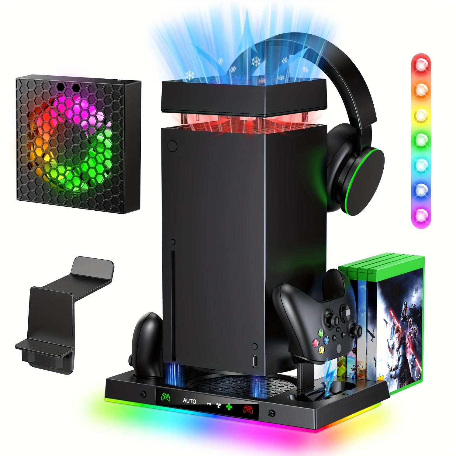 TEMU Auto Cooling Fan And Charge Stand Accessories For Console With 15 Light , Wireless Dual Charger Dock For Xsx Controller, Headset Stand & Game