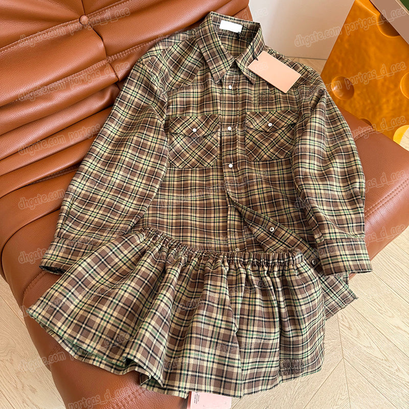 Designer Plaid Women Shirt Mini Skirt Outfits Vintage Long Sleeve Loose Blouse Top Y2k Style Elastic Waist Short Skirts