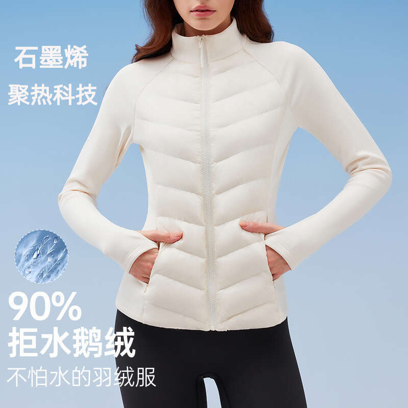 3-Proof Sports Down Jacket for Women, Outdoor Running, Windproof, Warm, Fitness Top, Lightweight, Slim Fit, Stand Collar, Ribbed Coat d9