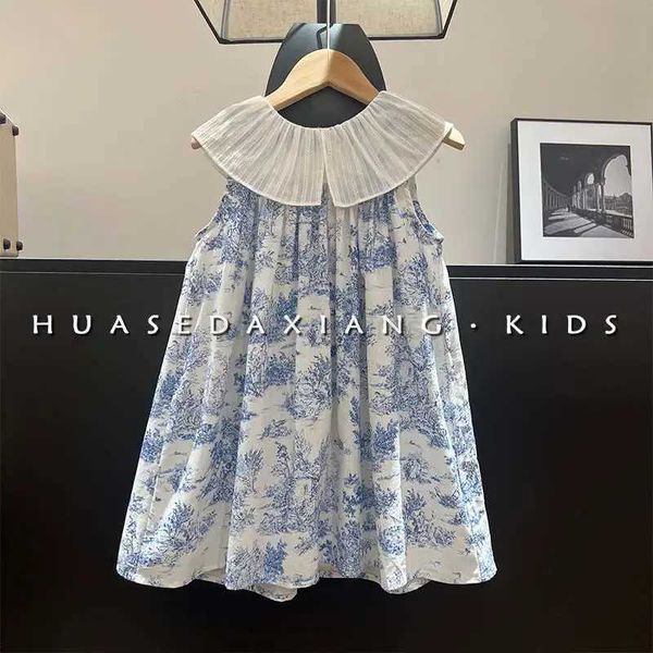 frock for girl dress Retro Lotus Leaf Collar Ink Painting Tank Top Skirt flower baby girl dresses 1 2 4 6 8 9 10 11 kids clothesM240722