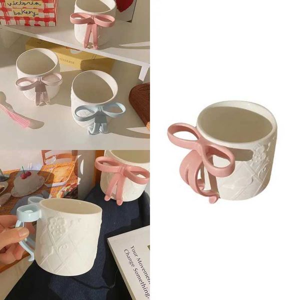 Three Color Creative Bow Handle Mug Ceramic Water Cup Breakfast Milk Cup Office Afternoon Tea Latte Coffee Cup Drinking UtensilsT250211