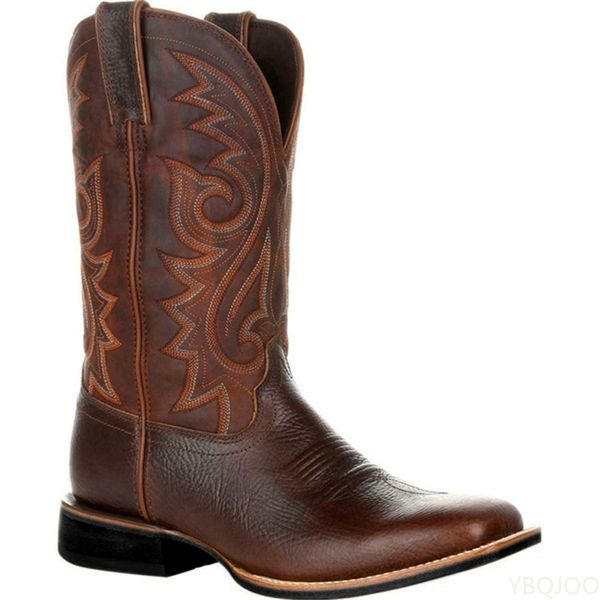 Calf Mid Calf Western Cowboy motocicleta macho outono outdoor PU Totem Med-Calf Boots Retro projetado Men Shoes 4A0C