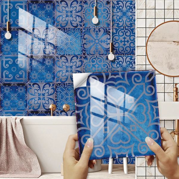 10pcsset Dream Blue Tile Sticker Kitchen Backsplash Oilproof Bathroom Waterproof Home Decor Wall Decals Peel Stick Art Mural 240727