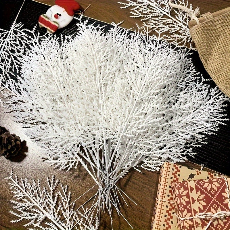 TEMU 25pcs Christmas Artificial Pine Branches & Snowflake Decor - White Vase Fillers, Wreaths With Green Stems & Red Berries, No Electricity Needed