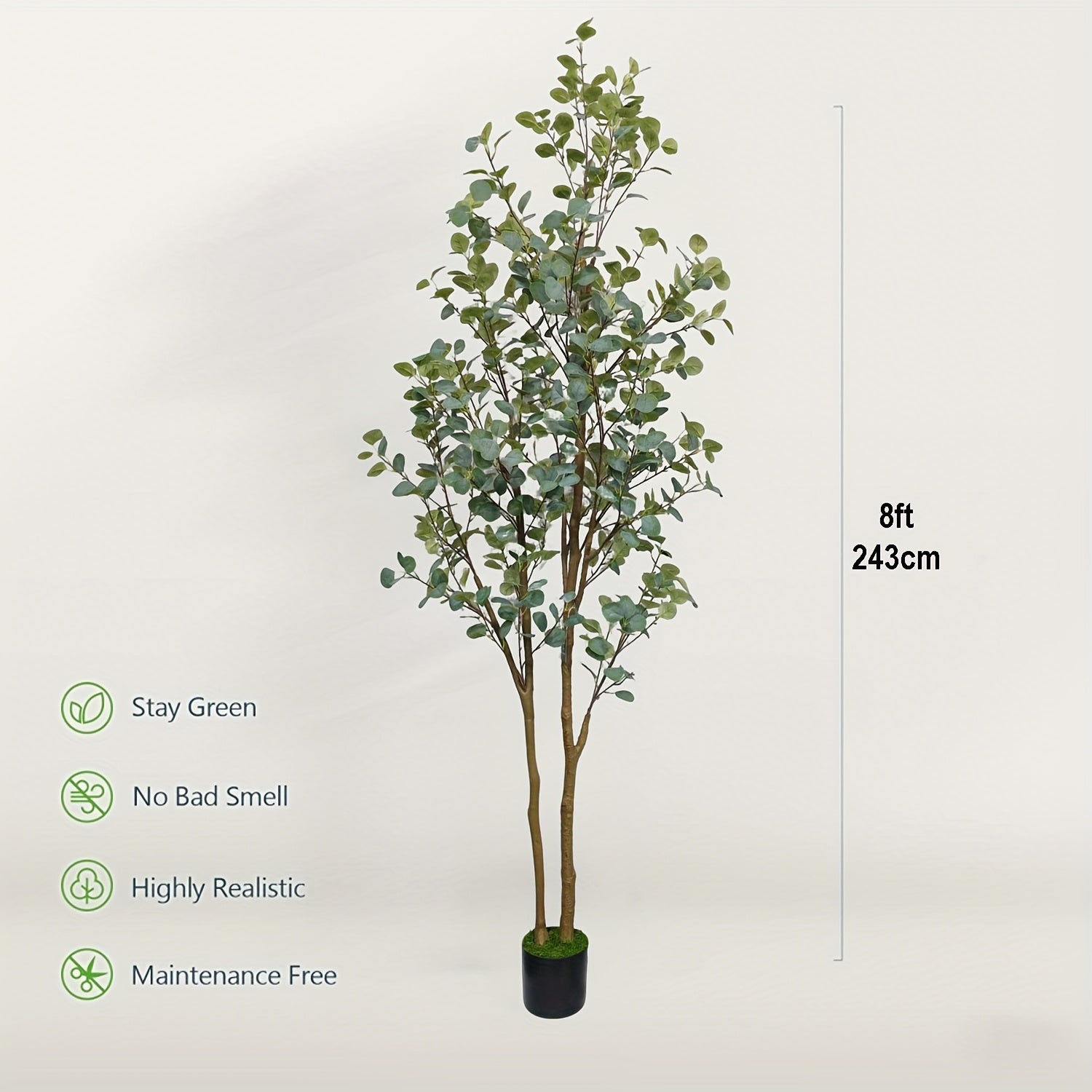 TEMU 8ft Tall Artificial Eucalyptus Tree Realistic Fake Eucalyptus Plant With Black Planter - Low-maintenance Indoor Tree, Lifelike Foliage For Home,