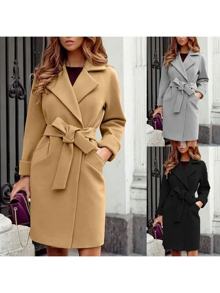 Womens S-2Xl Size Fashion Slim Fit Waist Belt Flip Collar Woolen Trench Coat For Women 240704