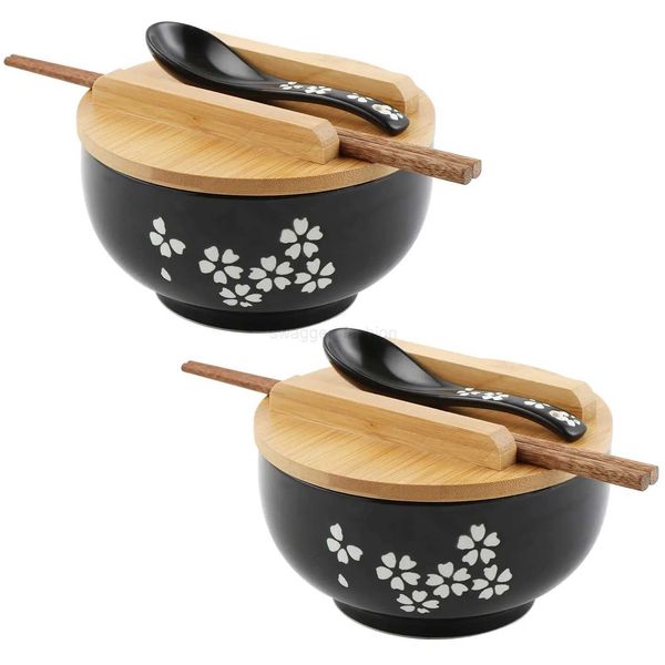 Ramen Bowl Set Japanese Ramen Noodle Bowls with Lid Spoon Black Hand Drawn Rice Bowl Retro Tableware Noodle BowlB270723