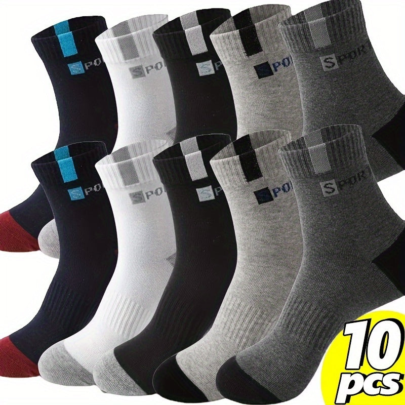 TEMU 10 Pairs Men's Breathable Sports Socks With Stylish Lettering High Elasticity And Outdoor Running Socks