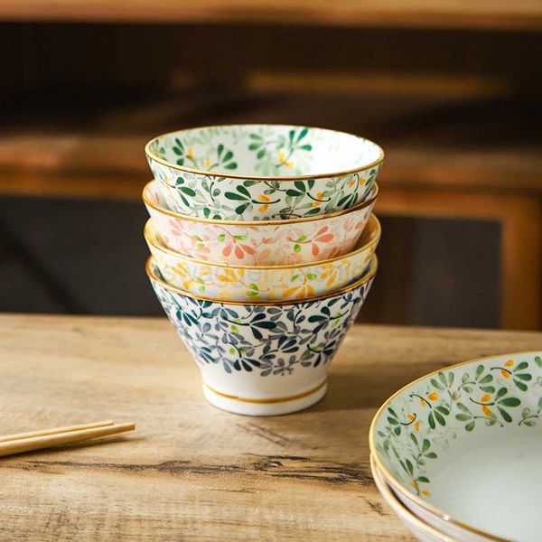 Japanese Style Bamboo Hat Bowls Ceramic Bowls Household Multi Style Flower Rice Bowls Plates and DishesB270723