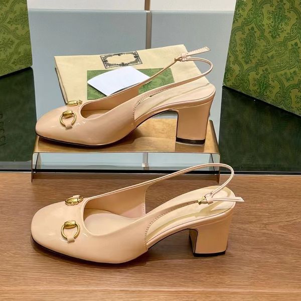 Summer Luxury Designer Sandals Thick Heel Casual Slingbacks Ankle Strap Buckle Leather Metal Buckle Decoration Women Mid Heel Party Dress Sh