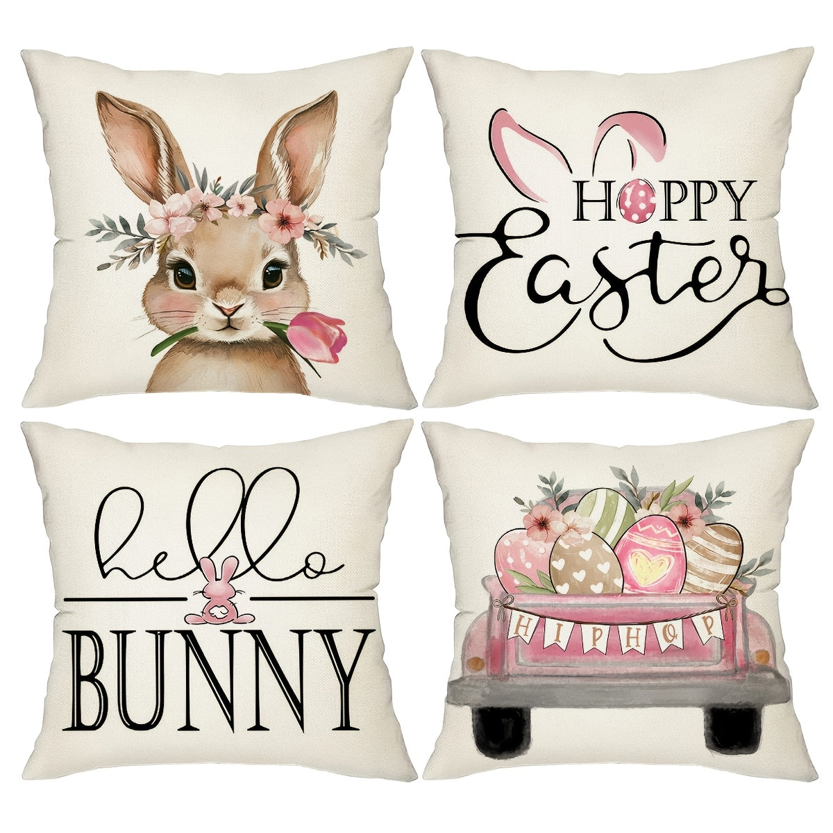 TEMU Set Of 4, Easter Printed Throw Pillow Covers, Cute Bunny Truck Home Decor Cushion Covers, 18*18in, Seasonal Farmhouse Holiday Pillowcases For
