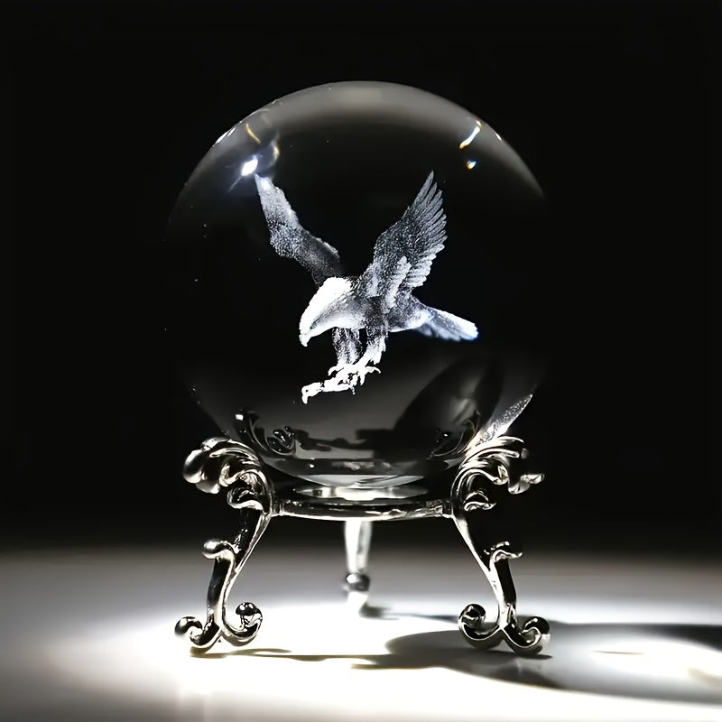 TEMU Eagle Eagle 3d Laser Engraved Crystal Glass Sphere With Silver Stand – Artistic Desktop Decor For Home Or Office, Perfect Gift For Birthdays,