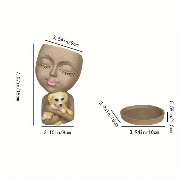 Charming Resin Face Vase with Puppy Design - Brown, Includes Tray, Perfect Gift for Any Occasion, Indoor-Outdoor Use, Ideal for Bedroom, Bal