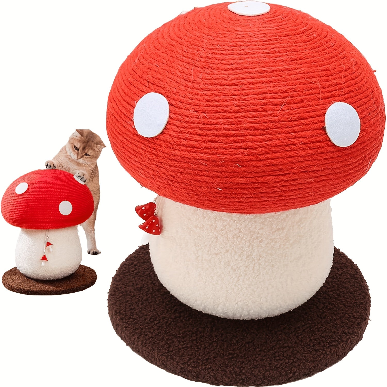 TEMU Mushroom-shaped Cat Scratching Post - Sisal Rope With Plush Base & White Spots, Includes Hanging Toy Ball - Ideal For Indoor Cats