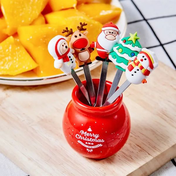 5pieceset Christmas themed cutlery set mini salad food stainless steel dessert fruit fork with ceramic holder cute kitchen tool 241209