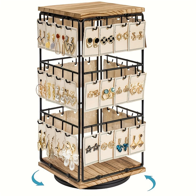 TEMU 3-layer Metal Jewelry Storage Rack With Wooden Top, 360° Rotatable Jewelry Rack, Desktop Jewelry Earring Storage Holder, Adjustable Jewelry