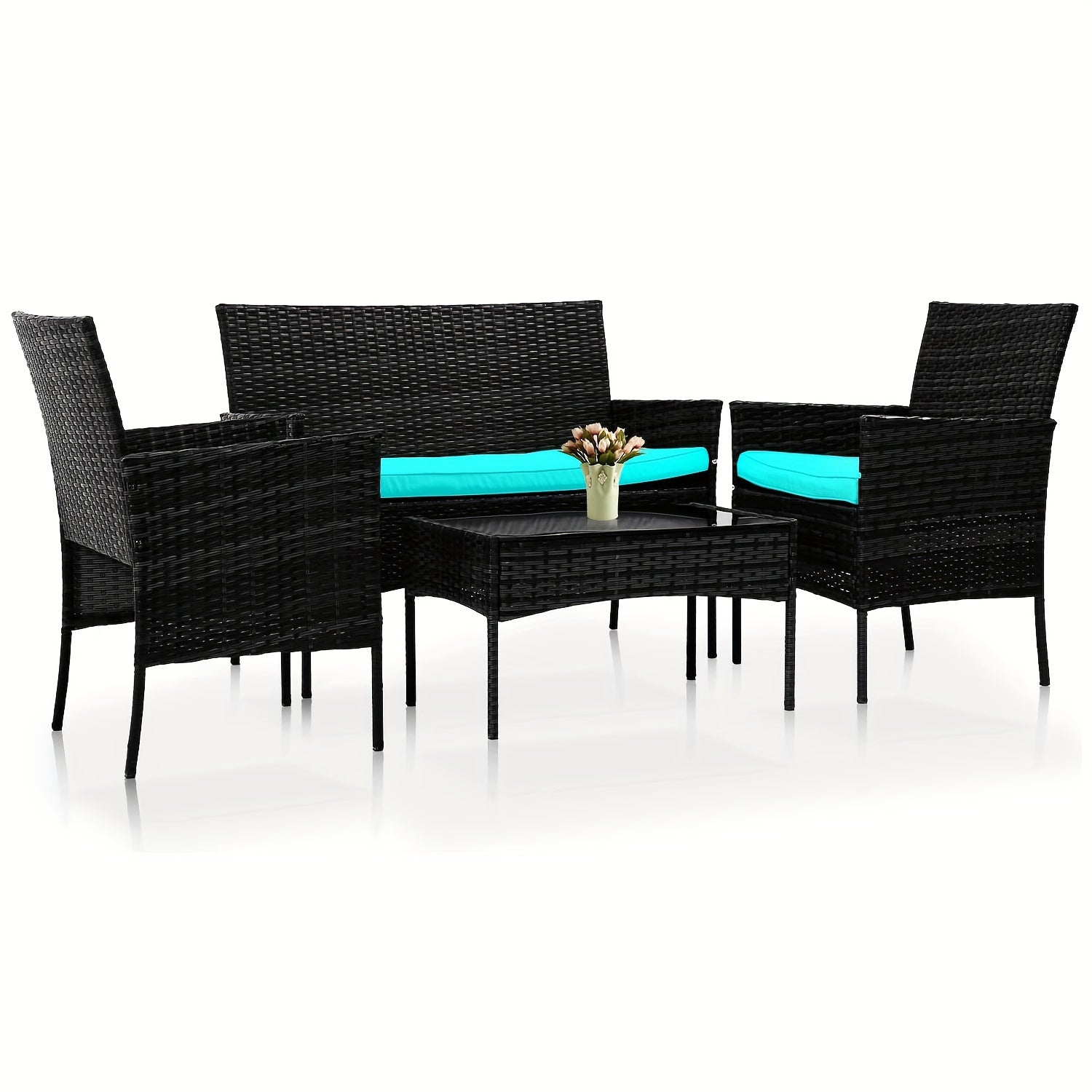 TEMU 4pcs Wicker Patio Furniture Set With Cushions & Glass Table - Modular L-shaped Sectional Sofa, Coffee Table, Armchairs - Durable Metal Frame &