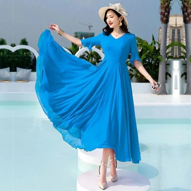 185 five-point sleeves, large swing, solid color collar, medium-length chiffon dress, knee-length holiday beach dress, large size maxi dress