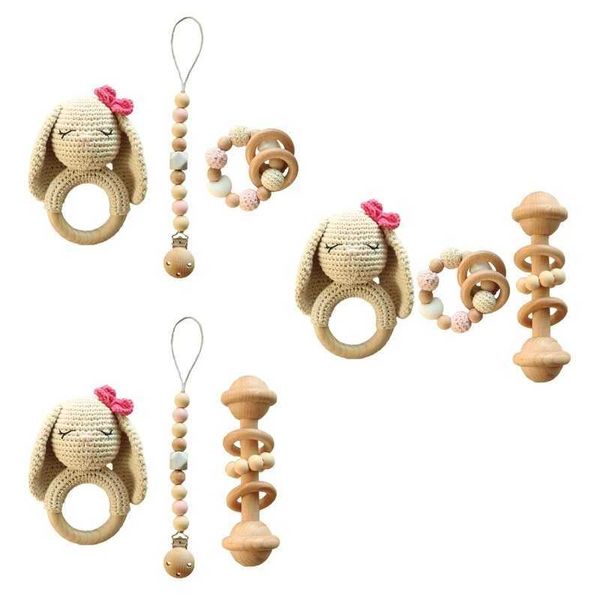 3 Pcs-Set Baby Wooden Bracelet Crochet Rabbit Music Bed Teething Toy Rattle Soother Molar Infants Teether Newborn ShowerM240815