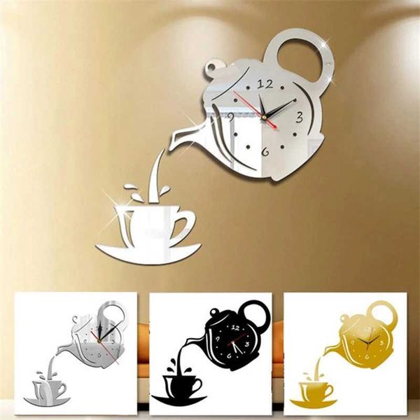 3D DIY Teapot Shape Wall Clock Acrylic Mirror Clock Modern Kitchen Home Decor Wall Sticker Hollow Digital Clock watch home clock Y240730