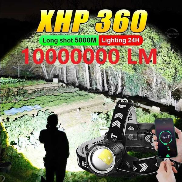 10000000LM Newest Powerful XHP360 LED Headlamp USB Rechargeable Headlight Spotlight 5000M Head Flashlight Zoom Fishing Head LampCL240807