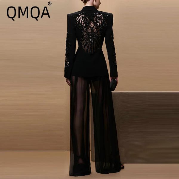 QMQA Fashion Womens 2 Piece Set Long Sleeve Spliced Beads Blazer Coat High Waist Mesh Skirts Elegant Sets 1A930 250115