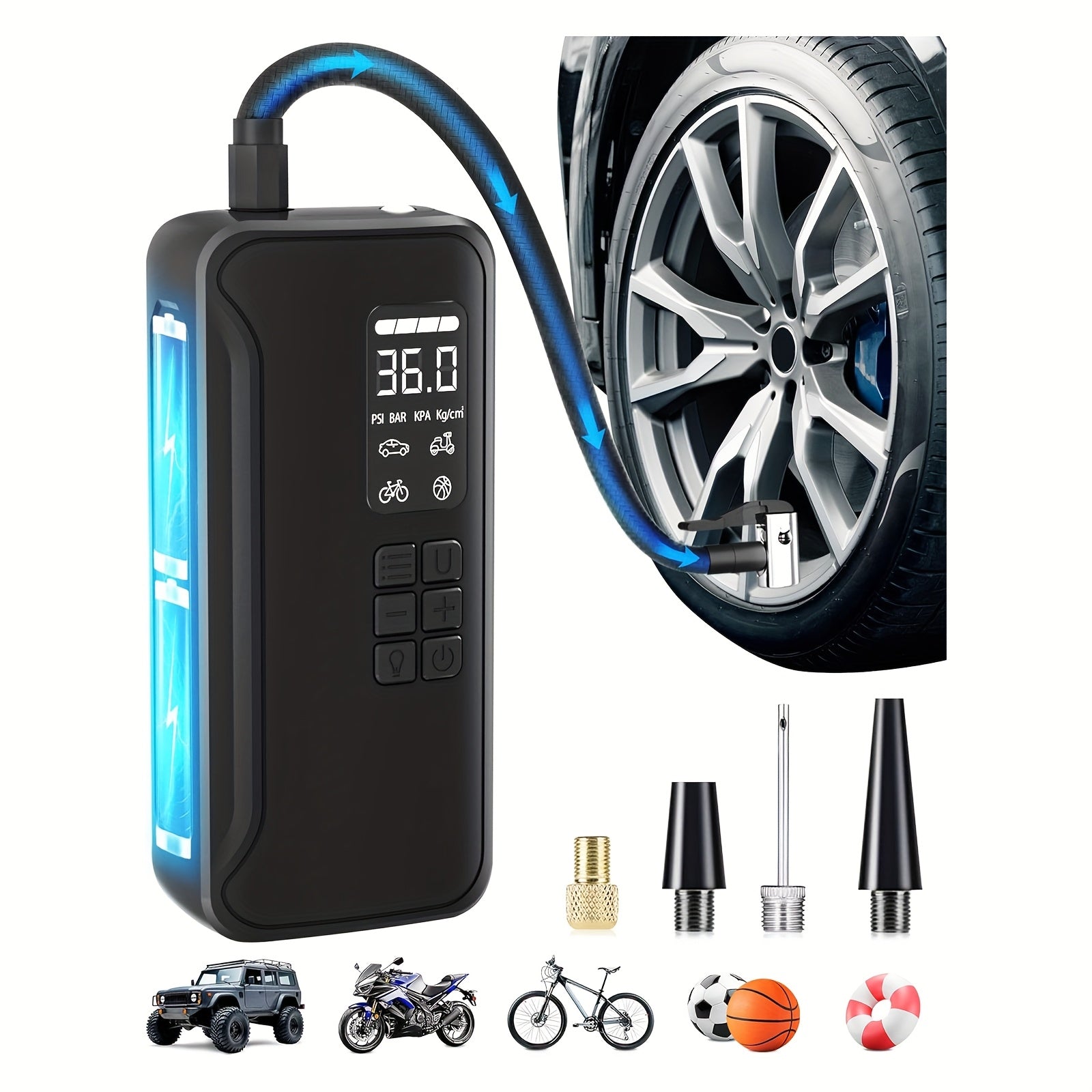 TEMU Portable Tire Inflator, 150 Psi Instant Inflation, Containing A 5000mah Large Battery, Digital Pressure Gauge With Led Light, Designed