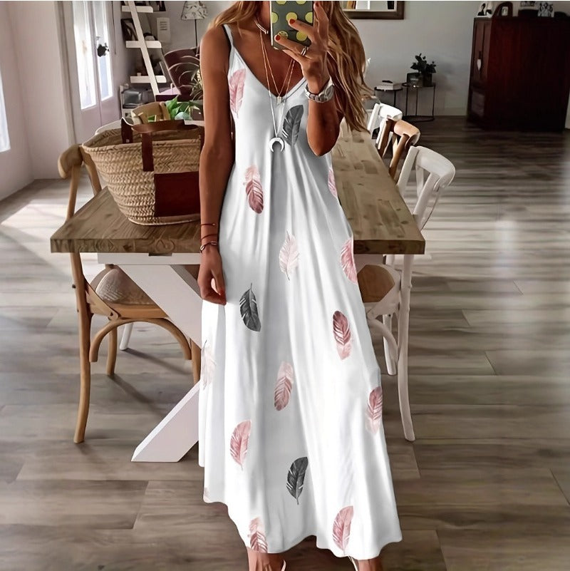 (1067) New Sleeveless Slim Fit Feather Print Low Cut V Neck Suspender Long Swing Long Dress Women&#039;s Dress