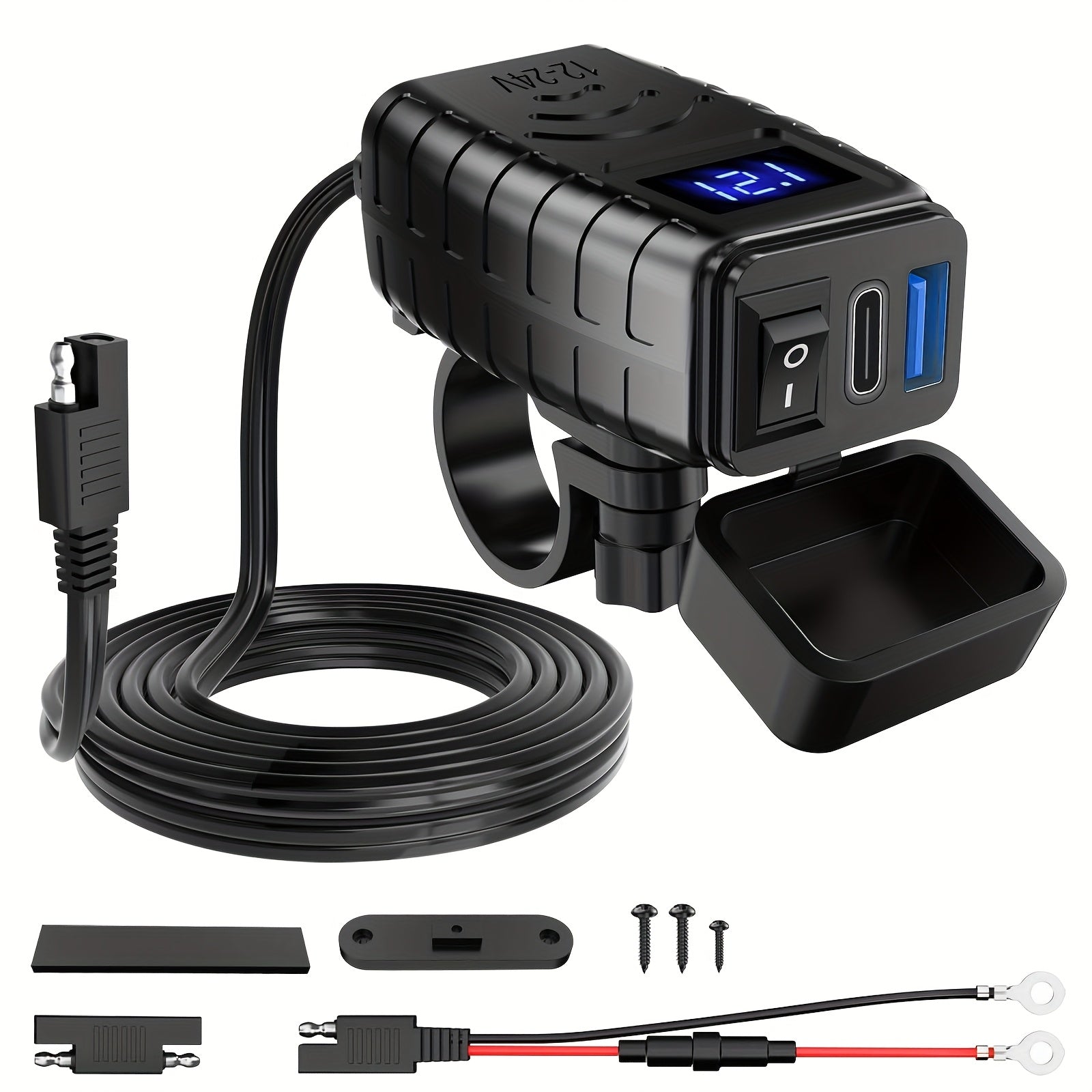 TEMU Qc3.0+pd Motorcycle Usb Charger Adapter, Fast Charger Voltmeter, Phone Charger With Voltmeter & Switch, For Phone, Tablet, Gps