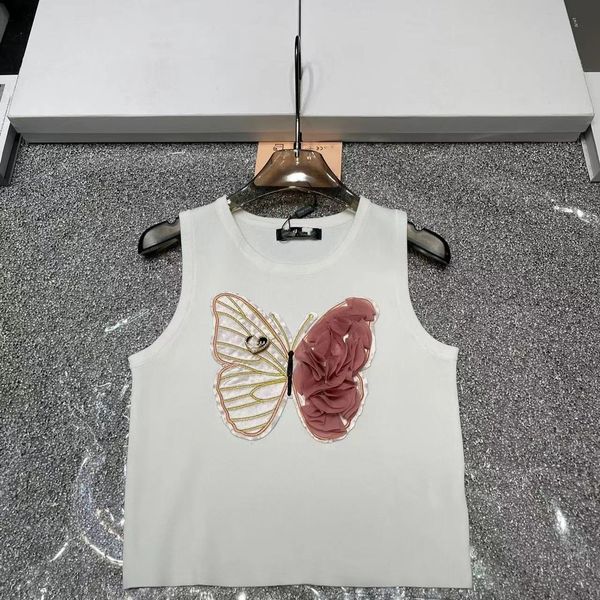 Women&#039;s Tanks: New Sleeveless Embroidery Bow O-Neck knitted Tops, Fashionable Casual Summer Vest with Butterfly Accents