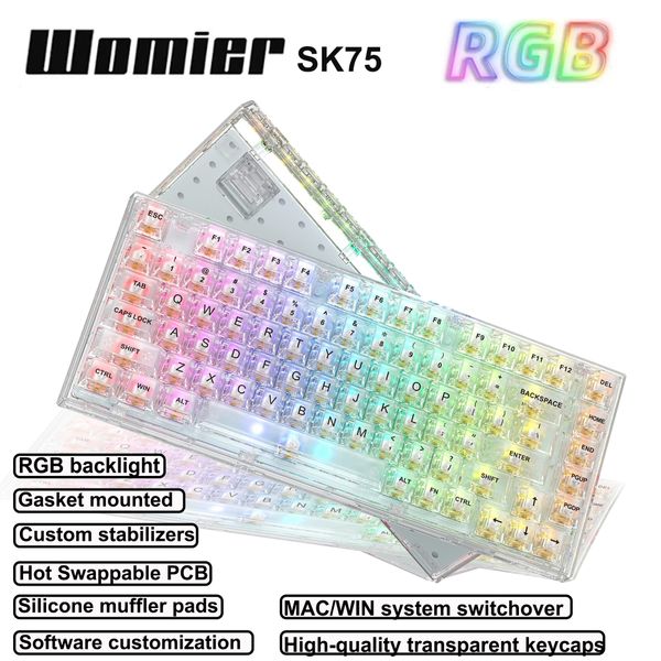 Womier SK75 75% Gamer Mechanical Keyboard Crystal Transparent Hot Swap Gaming Keyboard Tyce-c Wired RGB Backlit for PC Laptop