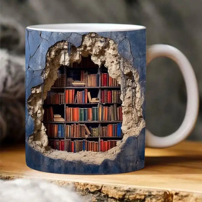 3D Bookshelves Hole In A Wall Layer Personalized Books Mug Ornaments Home Decoration Cups