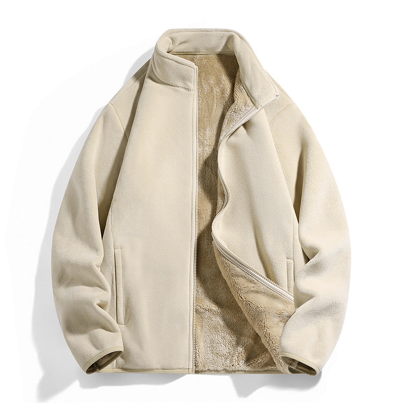 M10301 Winter polar fleece double-sided fleece stand collar casual jacket men plus velvet thickened jacket