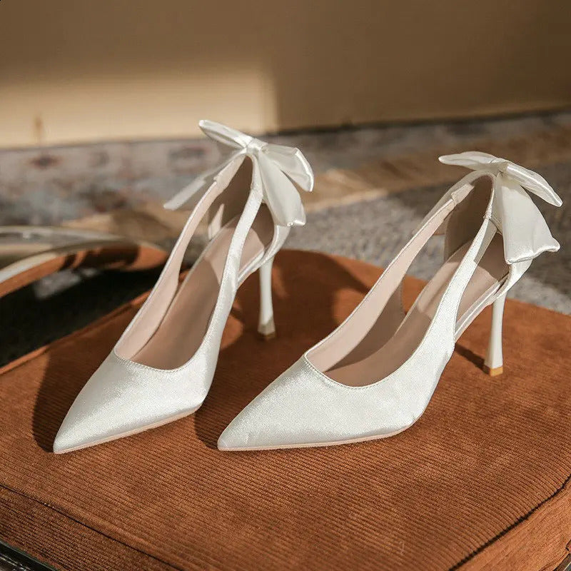 2024 Spring-Summer White Spot High Heels Womens Thin High Heels Single Shoes Butterfly Wedding Shoes Small Bridal Shoes 240919