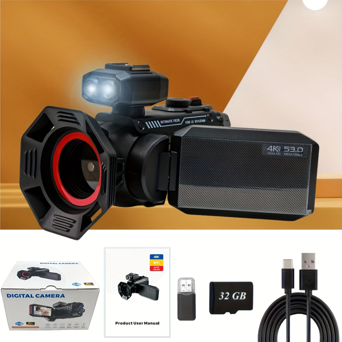 TEMU Professional Portable 4k Hd Camcorder With Wi-fi, And Hot Shoe Support With 2500mah Large Battery Capacity And 32g Memory Card
