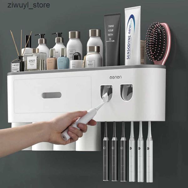Toothbrush Holders Magnetic adsorption reverse toothbrush holder wall mounted dual automatic tooth pad dispenser holder bathroom accessories