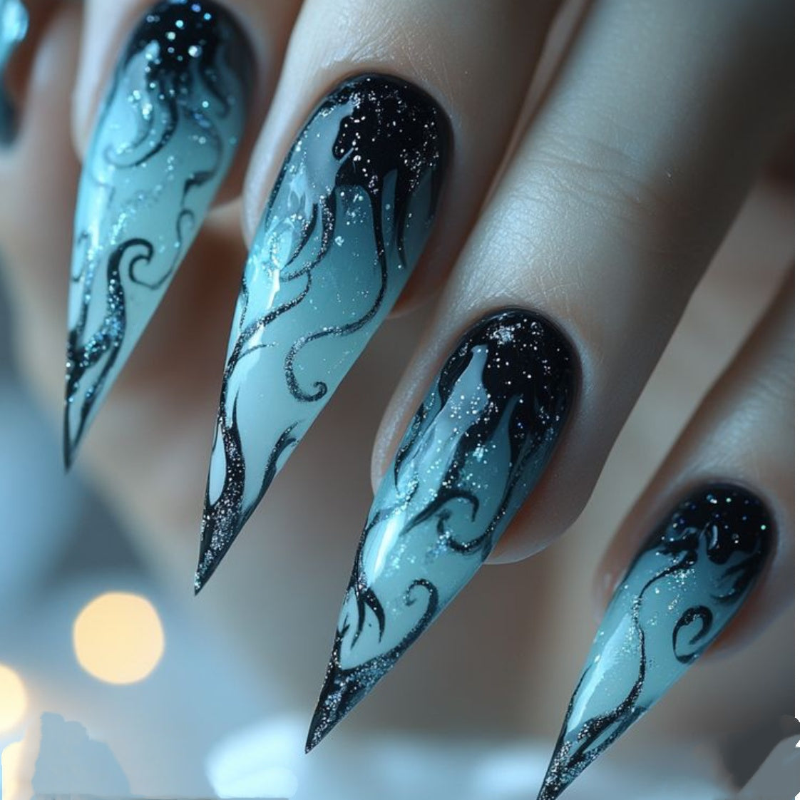 TEMU 48pcs Gradient Long Pointed Press-on Nails - Glossy Detachable Nail Art With Flame Patterns, Almond Shape For , Nail Art Supplies, Stylish