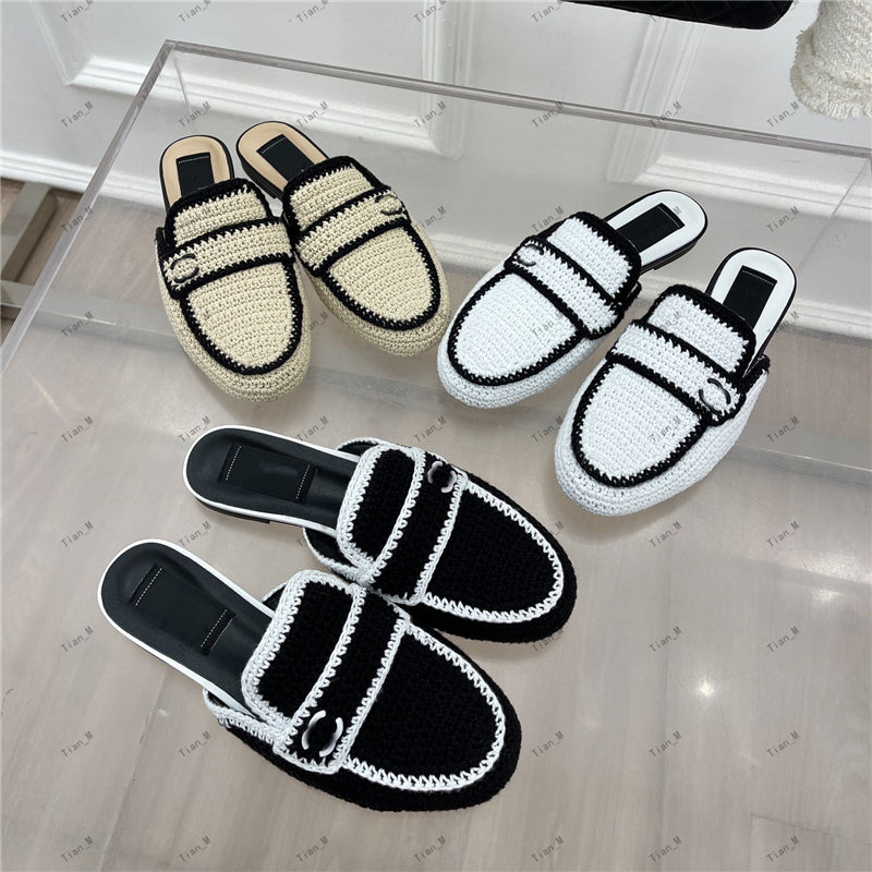 New arrival TOP Quality Knitting Wool Closed Toe Half Slippers Spring Summer Designer Women Mixed Color Deep Mouth Slippers Outdoor Vacation Shoes L