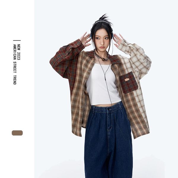 Hip Hop Plaid Shirt Streetwear Harajuku Retro Patchwork Long Sleeve Oversize Shirts Y2K 2023 Fashion Loose Button Cotton Blouses