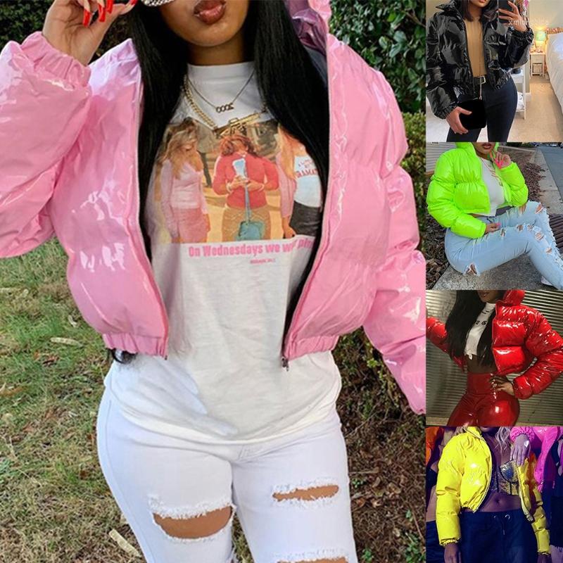 Women&#039;s Down Women Winter Long Sleeve Zipper Puffer Jacket Stand Collar Shiny Metallic Faux Leather Cropped Puffy Bubble Coat Quilted Parkas