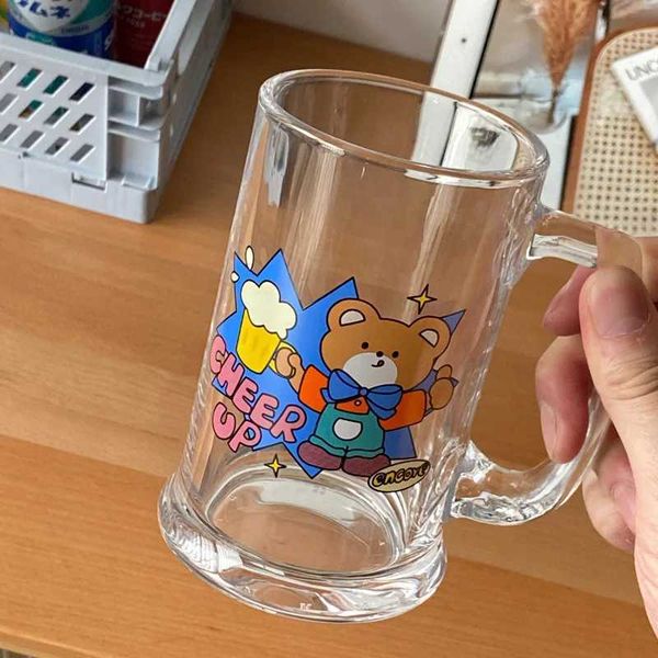 Fashion Round Beer Glass Cup Cartoon Bear Transparent Handle Water Mug Househeld Home Big Cup Juice Summer Glass CupM240803