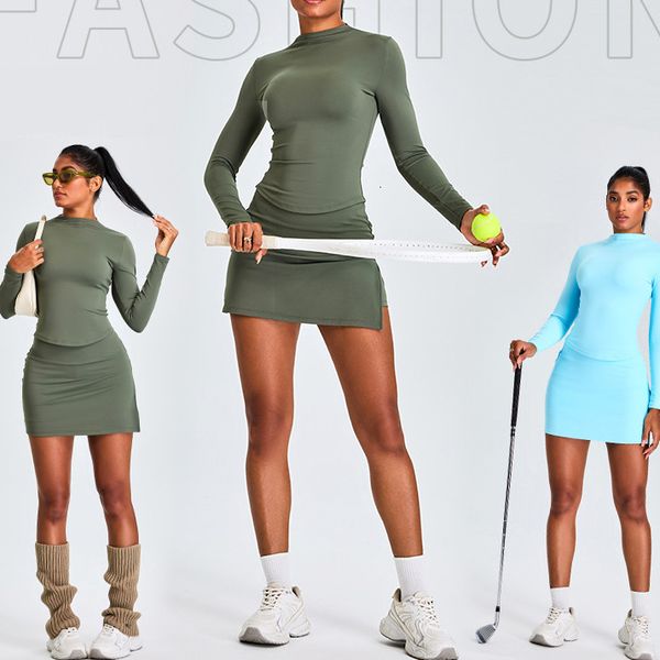 2024 new anti glare casual sports skirt set, women&#039;s slim fit temperament, high neck long sleeved yoga suit top set