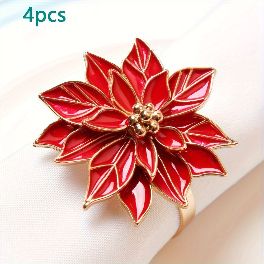 TEMU 2pcs-4pcs Christmas Napkin Ring Set Christmas Metal Napkin Ring Holders Poinsettia Napkin Table Decoration Suitable For Party Dinner